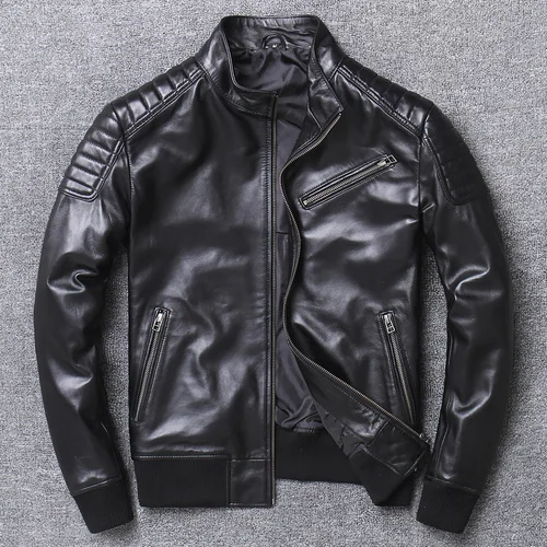 

X-1237 High quality 2023 Spring New Leather Jacket Men Collar Mens Shearling Coat Real Sheepskin Slim Casual Plus Size Mandarin
