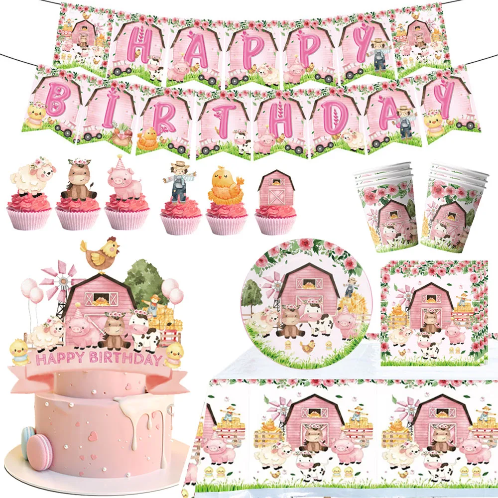 

Pink Farm Animals Theme Disposable Tableware Girl's Birthday Party Supplies Banners Dessert Plate Cake Toppers Paper Napkins Cup