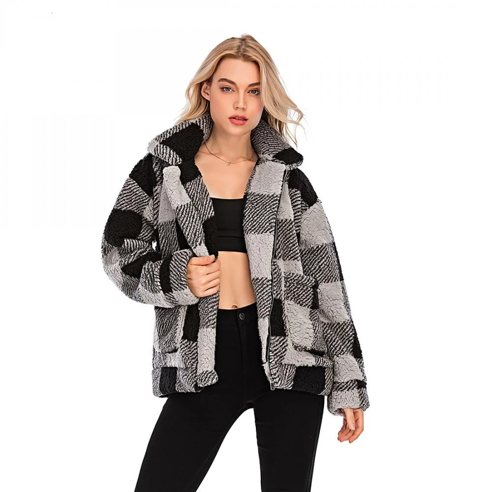 

Black Plaid Women Teddy Coat 2020 Winter Warm Faux Fur Jacket Coat Zipper Plush Thick Casual Plus Size Lamb Plus Size Overcoat