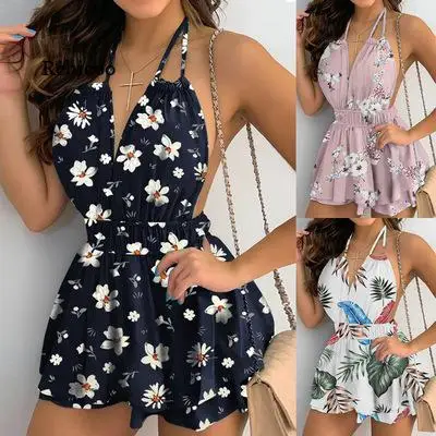 

Sexy Women Summer Print Sexy Shrinkage Design Halter Sleeveless Backless Dress Ladies V-Neck Mid Waist Slim Pullovers Mini Dress