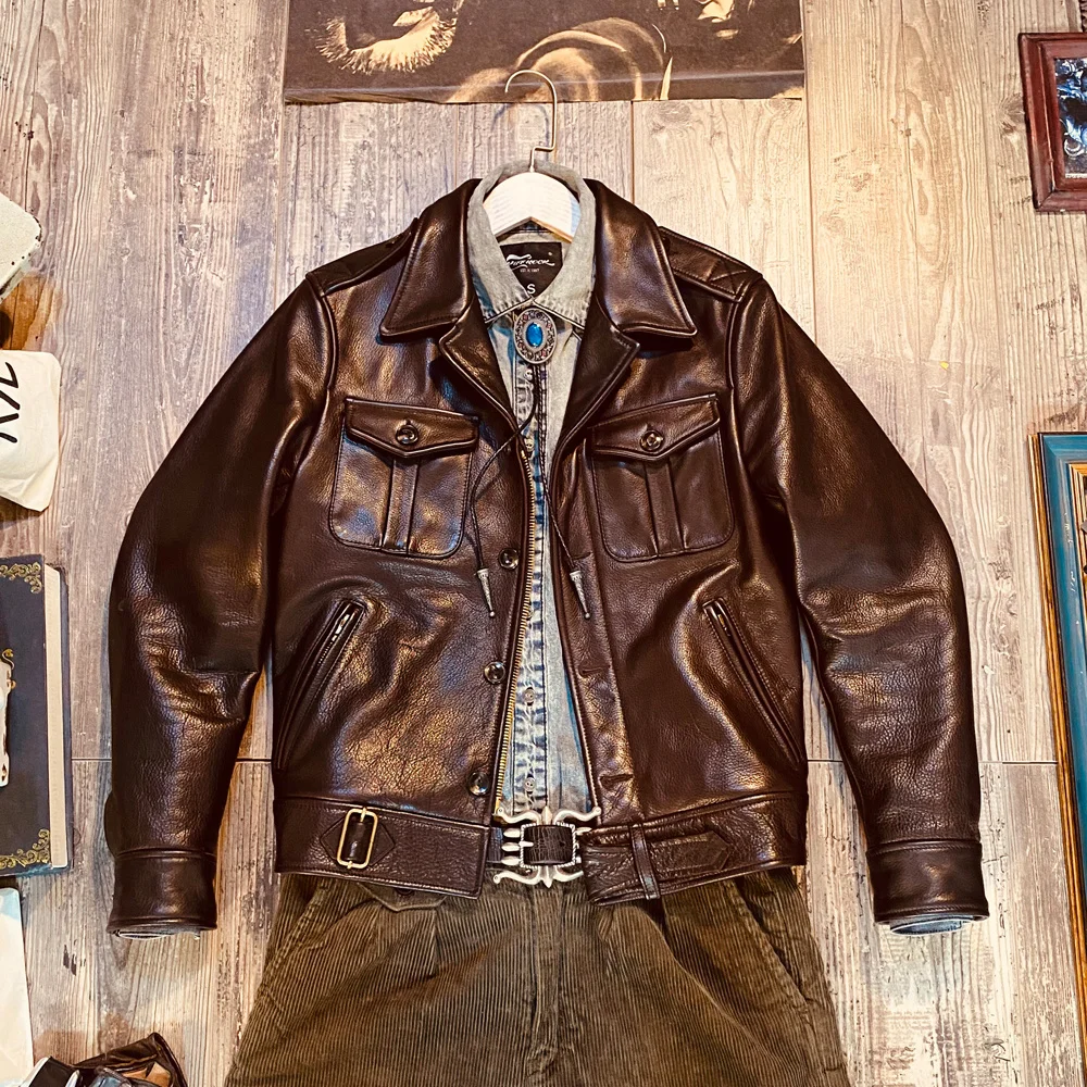 

Free shipping.Brand new quality P37 Military style genuine leather jacket.Brown British gentleman cowhide coat.Slim cool cloth