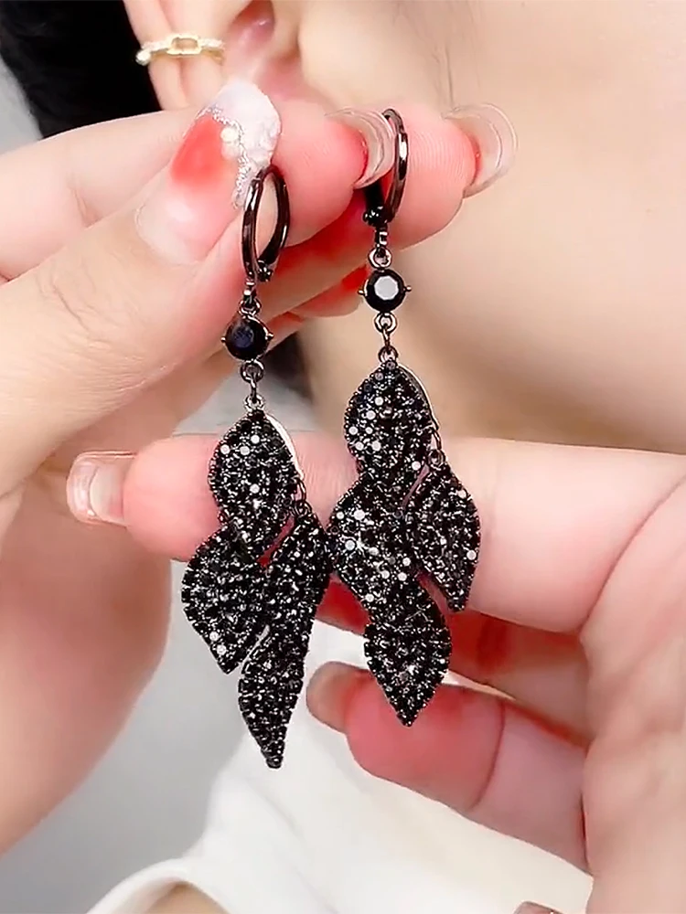 Новинка 2024 богемные серьги с черными листьями звездное небо длинные кисточками