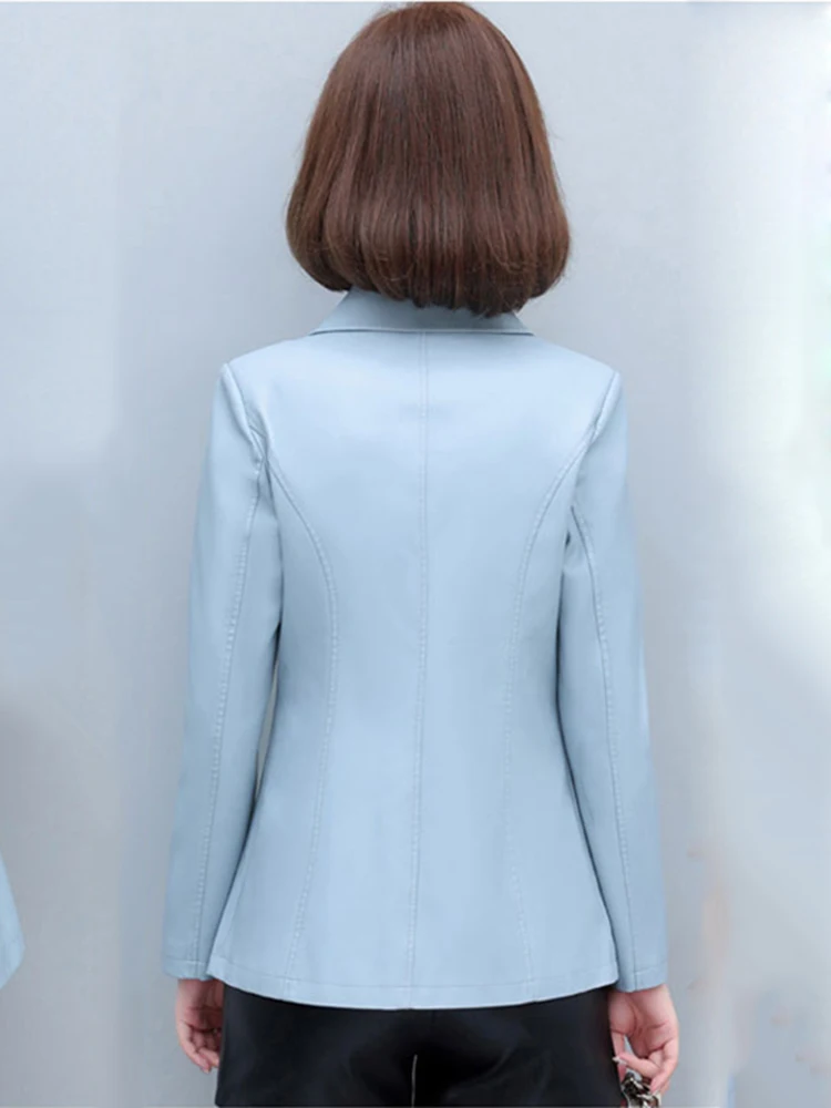 New Women Sheepskin Blazer Spring Autumn Fashion Suit Collar Long Sleeve Slim Waist Leather Jacket Split Leather Short Coat