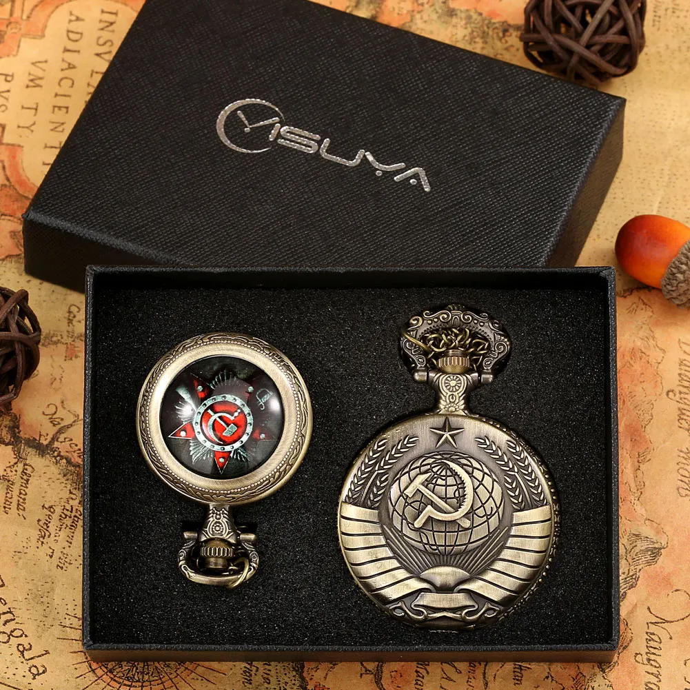 CCCP Pocket Watch Quartz Silver Watch Chain Steampunk Fob Pedent Gift Set Communist Ussr Vintage Pocket Watch for Men Women