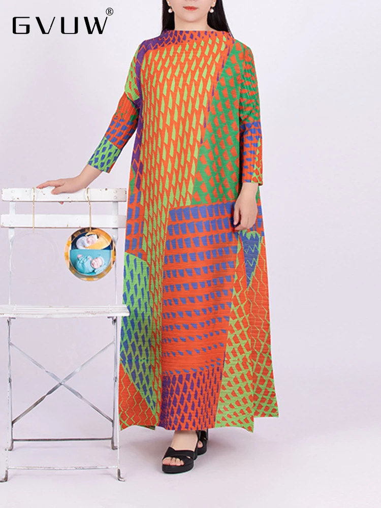 

Женское плиссированное платье с принтом GVUW, свободное элегантное платье контрастных цветов с круглым вырезом и длинным рукавом, осень 2023, 17J0641