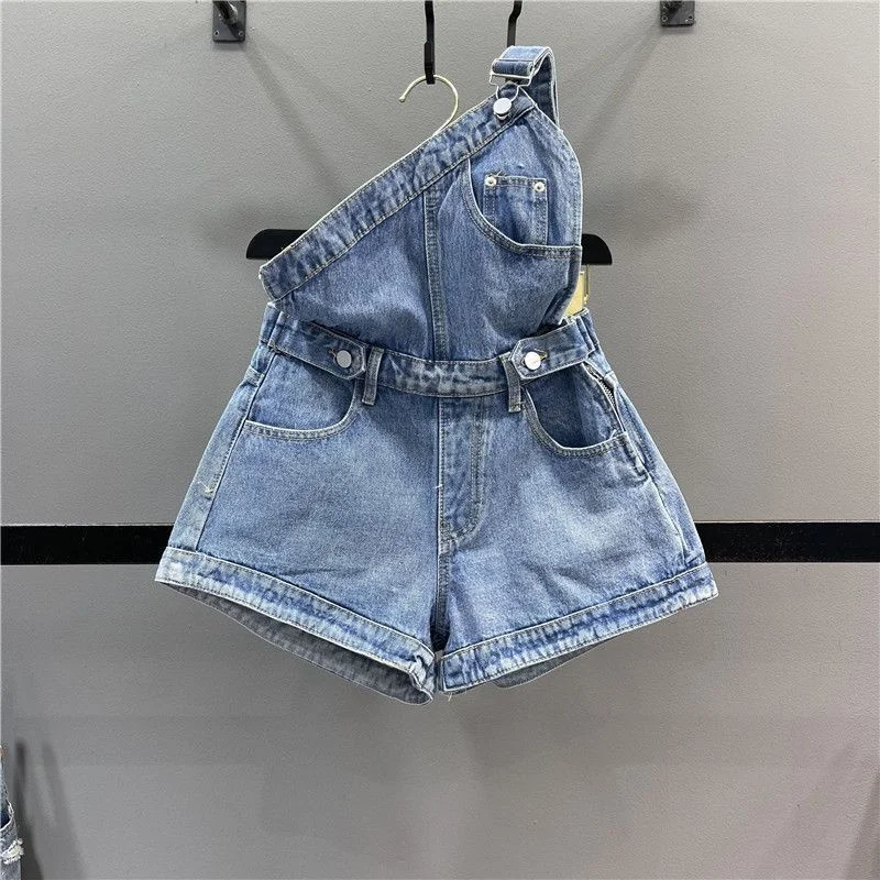 Sweet Cool Spicy Girl One Shoulder Denim Strap Shorts Women's 2023 Summer Age Reducing Slim A-line Wide Leg Pants One Piece Hot