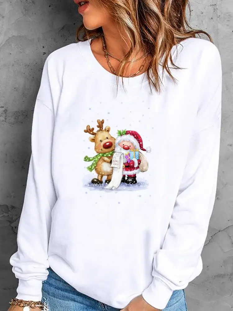 

Cartoon Snow Winter Cute Happy New Year Print Merry Christmas Graphic Sweatshirts Pullovers For Women Fashion Female Clothing