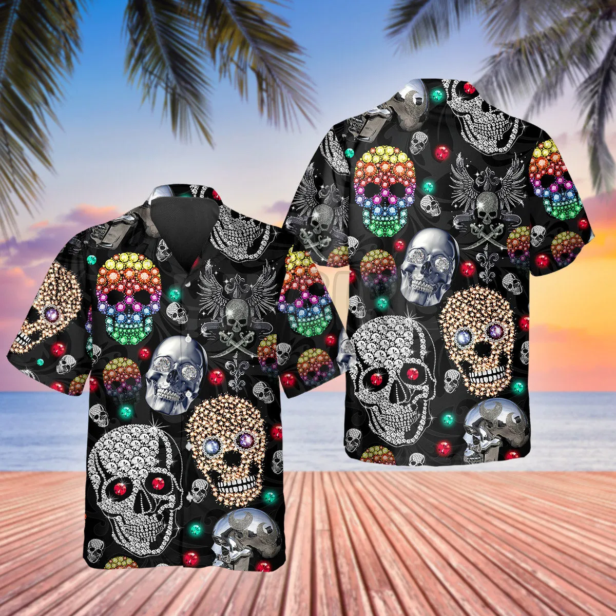 Colorful Diamond Skull 3D All Over Printed Hawaiian Shirt Men's For Women's Harajuku Casual Shirt Unisex