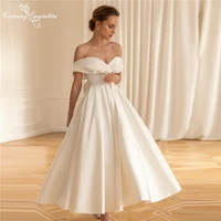 off the shoulder satin wedding dresses for women 2022 ankle length a line simple short bride dress bridal gowns vestido de noiva