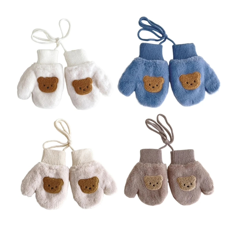 

Детские варежки, противоскользящие зимние теплые перчатки, толстые варежки с мультяшным медведем и веревкой