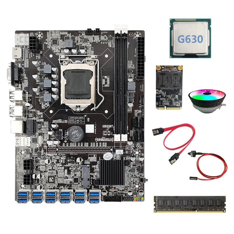 

B75 BTC Mining Motherboard 12 USB+G630 CPU+RGB Fan+DDR3 8GB 1600Mhz RAM+128G SSD+Switch Cable+SATA Cable Motherboard