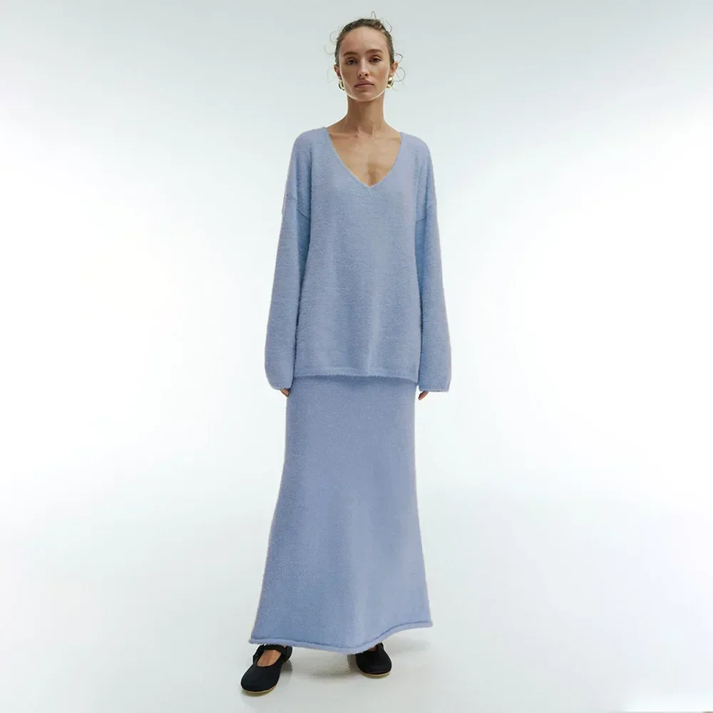 Ueteey осенне-зимний вязаный костюм с юбкой женский простой свободный свитер из