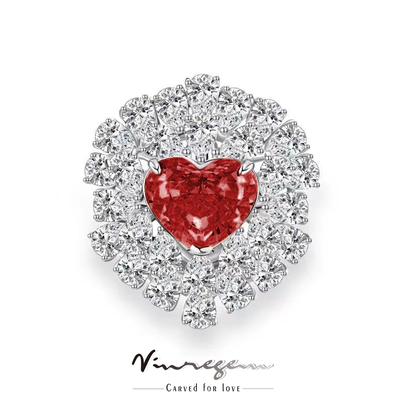 Vinregem Real 925 Sterling Silver Crushed Ice Heart 10CT VVS Ruby Synthetic Moissanite Wedding Ring for Women Gift Drop Shipping