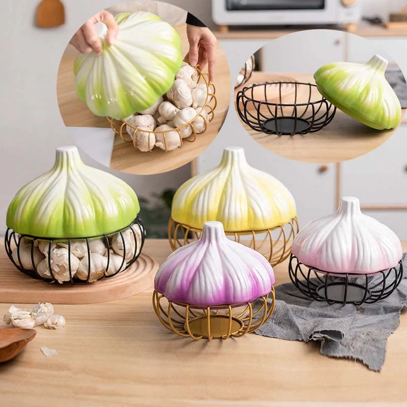 

Ceramic Basket Household Kitchen Onion Ginger Garlic Egg Fruit Storage Organize Decoration Hollow Iron Crafts With Cover