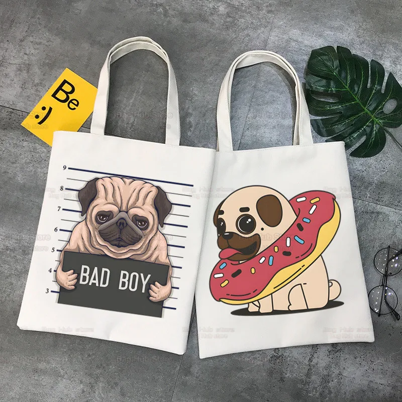 

Pug Dog Women Canvas Tote Bag Eco Dug Life Shopping Bag Large Capacity Bad Dog Shoulder Bag Women Female Beach Shopper Bag
