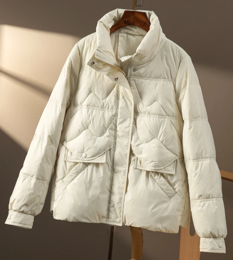 Thin Stand Collar Winter Coat Women  90%  White Duck Down  Casual  Zipper  Pockets  Jackets for Women  Coats  Casacas Para Mujer