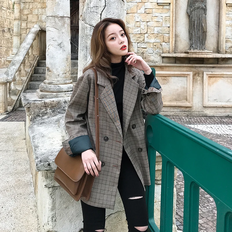 Women Elgant Work Style Blazer 2021 Vintage Plaid Blazer Spring Autumn Double Breasted Long Sleeve Loose Retro Suits Coat Jacket
