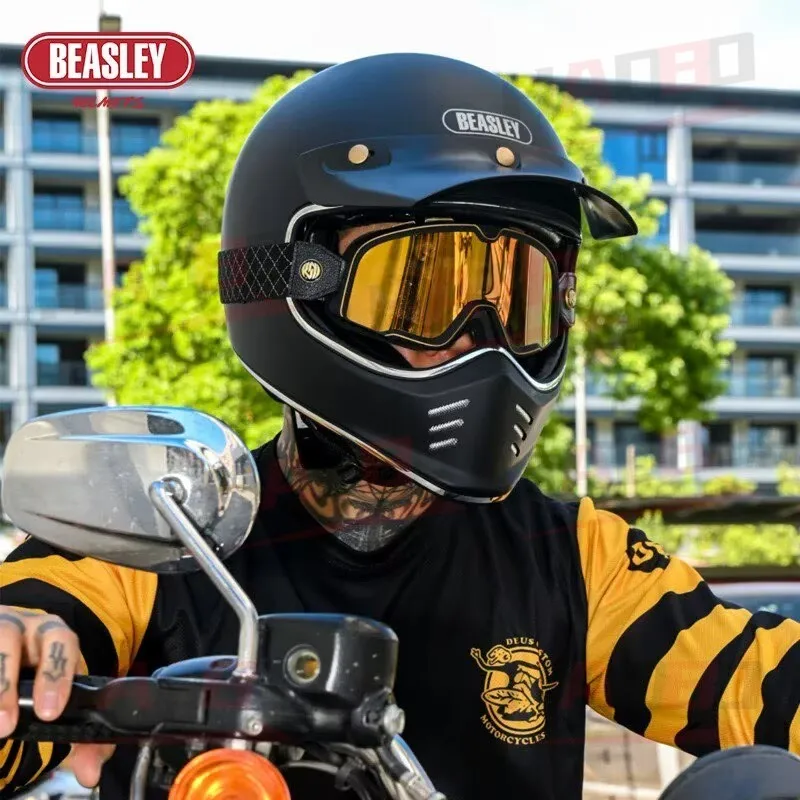 Фото Мотошлемы BEASLEY 502 Retro Full Helmets для шоссейных круизов, винтажные, с очками, ECE, размеры S-XXXL, черно-белые, всесезонные