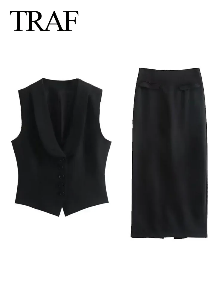 

TRAF Woman's Skirt Suits Solid Color Turn-Down Collar Sleeveless Single-Breasted+Black High Waist Rear Split Zipper Long Skirts