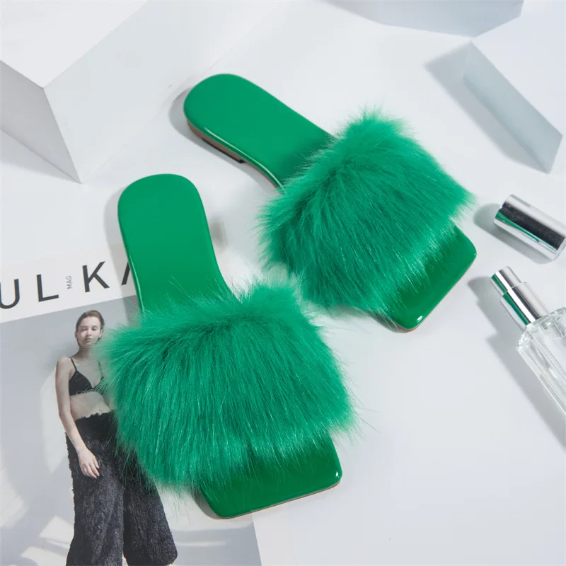 

Summer Ladies Shoes Green Fluffy Flat Slippers Women's Outerwear Summer Trending Female Slippers Shoes for Women Sandals