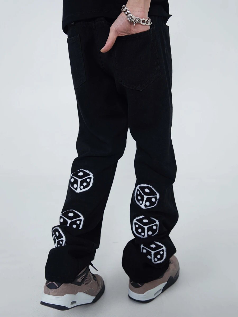 Four Seasons Men's Jeans Casual Pants Dice Flocking Embroidery American Street Retro Jeans Unisex Streetwear Ins Hot Sale JEANS