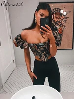 woman square neck puff sleeve irregular printing pullover shirt 2022 summer new fashion slim fit short blouse for female