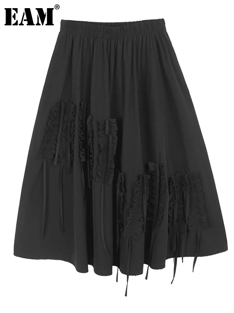 

[EAM] высокая эластичная талия, черные оборки, бахрома, карманы, свободная юбка для женщин, модная новинка весна лето 2023 1DF6768