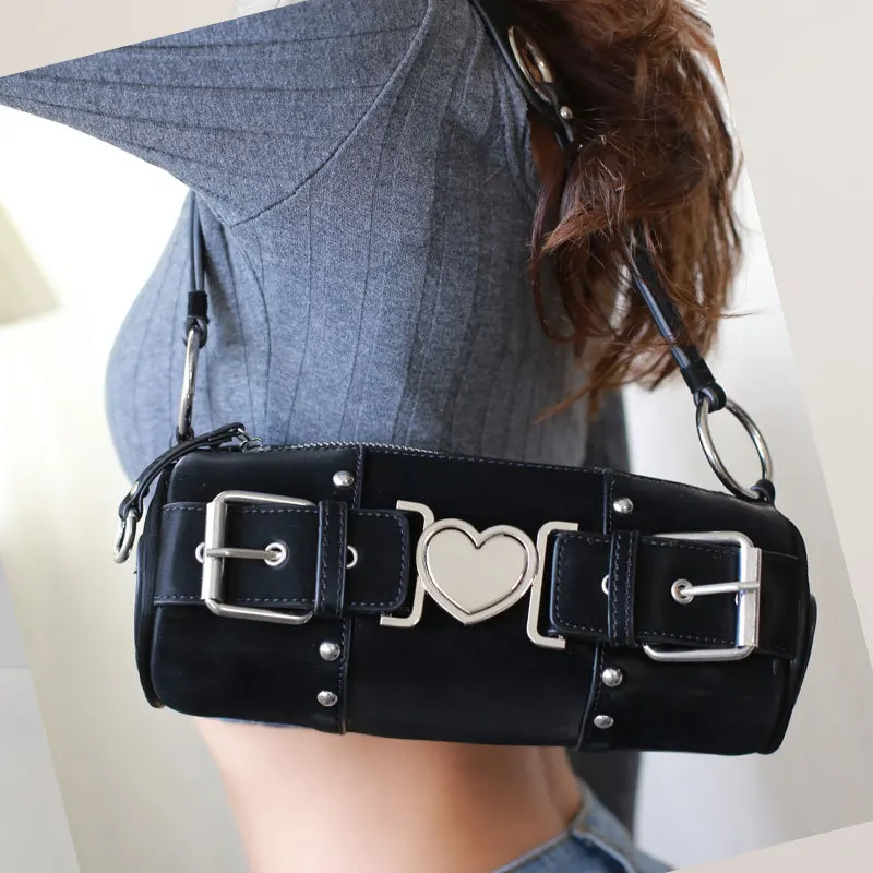 

Retro Heart Metal Shoulder Bag Women'S Fashion Cylinder Y2k Woman Handbag High Quality Pu Leather Punk Underarm Tote Bag Female