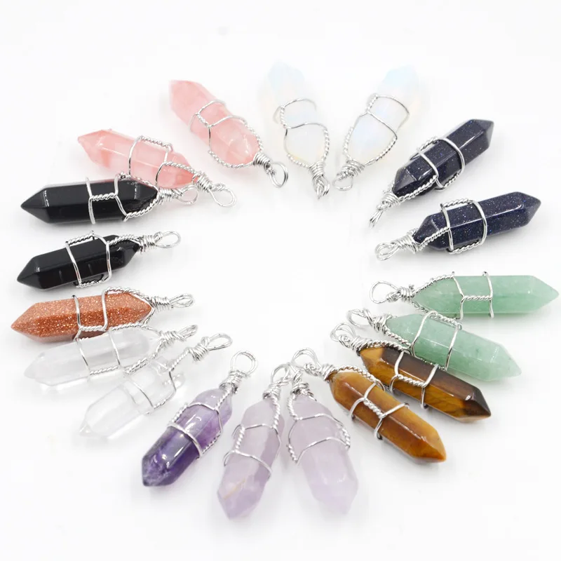 

Wholesale Wire Wrapped Assorted Healing Crystal Stone Mixed Pillar Charms Chakra Pendants for Necklaces Making Free shipping