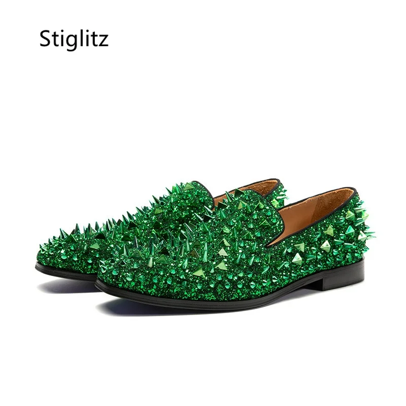 Green Blue Rivets Men Shoes Studs Spike Shoes Slip On Flat Loafers Shoes Runway Shining Casual Business Dress Shoes Spring