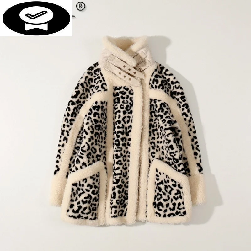 Shearling Coat Female Sheep Winter 2023 Motorcycle Fur Coats Leopard Women's Clothing Wool Jacket Casaco Feminino Gxy212