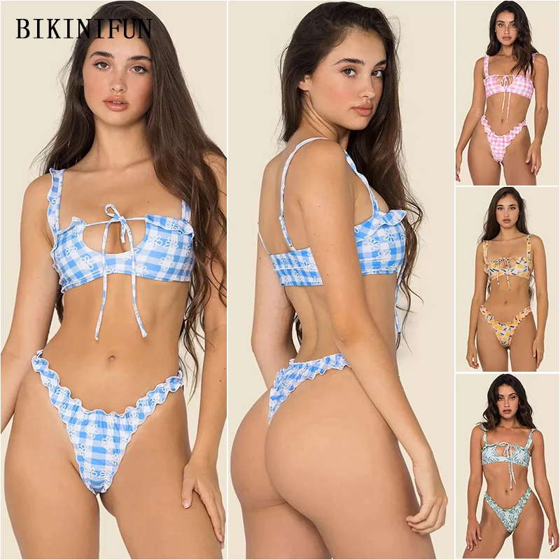 

New Sexy Gingham Print Swimwear Women Hollow Out Swimsuit Flouncy Beachwear S-L Girl Backless Bathing Suit Thong Bikini Set