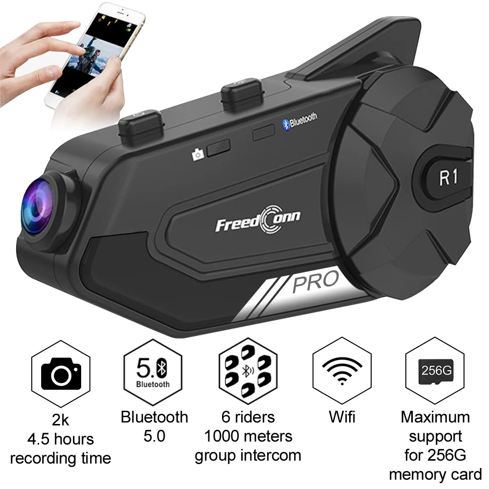 

R1 PRO Motorcycle Helmet Intercom Bluetooth Headset With 2K 6 Riders 1000M Wireless BT Intercom Moto B4FM Intercomunicadores