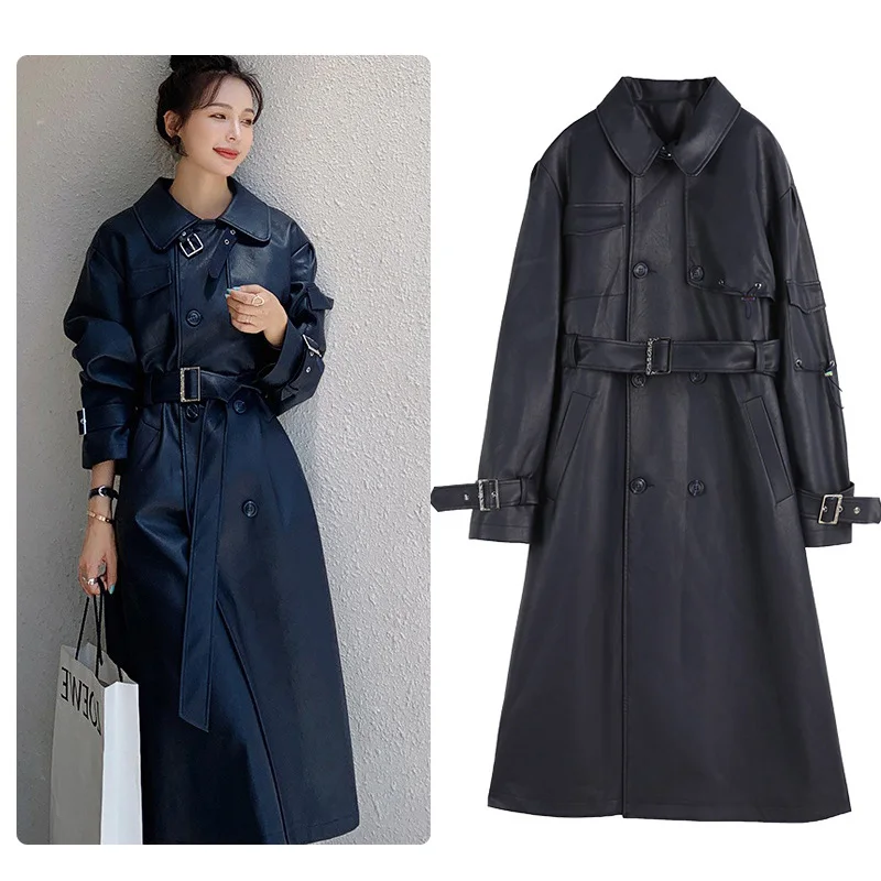 

Тренчкот женский из искусственной кожи, Модное Длинное двубортное пальто с поясом, верхняя одежда в Европейском стиле, весна-осень