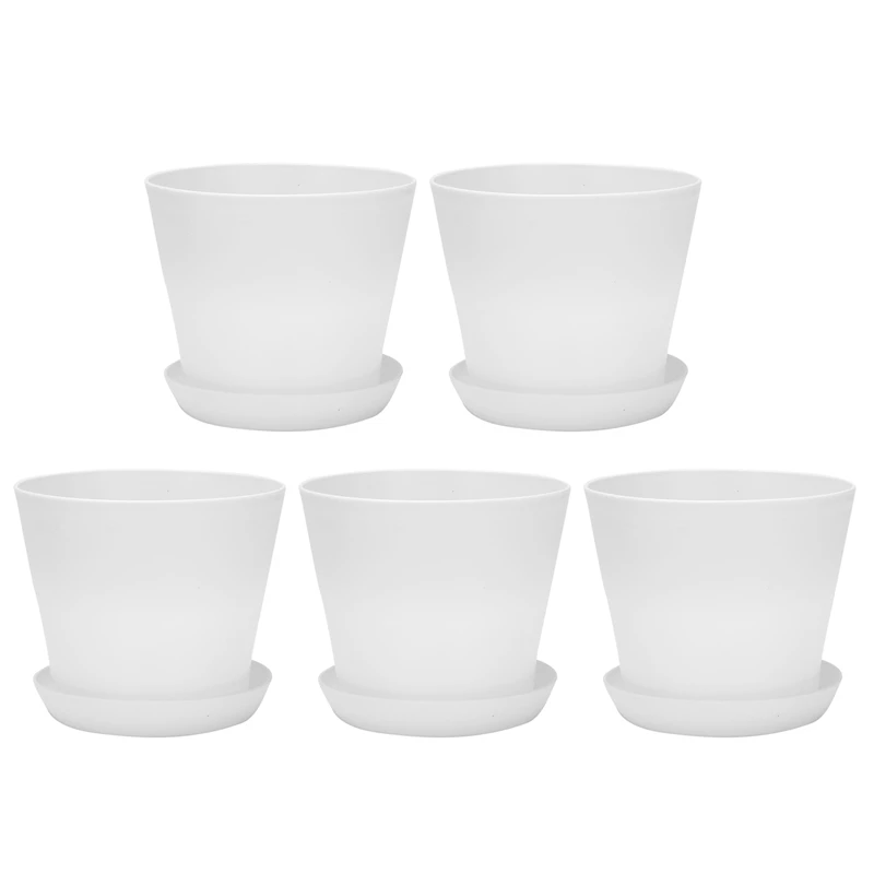 5X Plastic Plant Flower Pot Planter With Saucer Tray Round Gloss Home Garden Decor, White Upper Caliber - 17Cm/6.69Inch