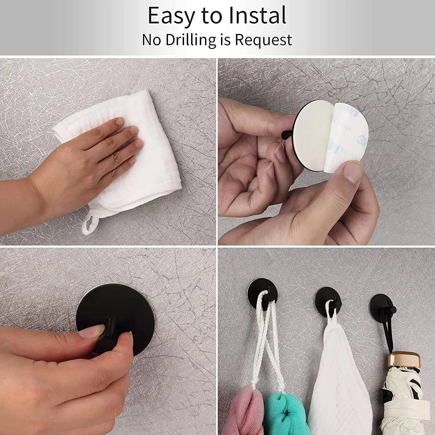 

4pc Black Self Adhesive Hooks Self Adhesive Wall Mounted Hanger No Drill No Screw for Key Coat Towel for Kitchen Bathroom Toilet