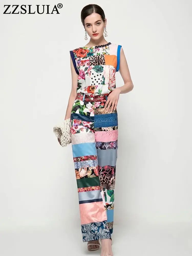 

ZZSLUIA Vintage Pants Suits For Women Printed Designer Sleeveless Shirt Tops+Trousers Twinset Fashion Outfit Female Clothing Set