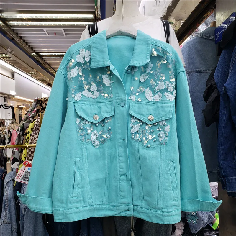 

2022 Spring Handmade Net Yarn Hollow Out Pearl Sequins Lake Blue Denim Jacket Lapel Long Sleeve Female Jeans Jacket Streetwear