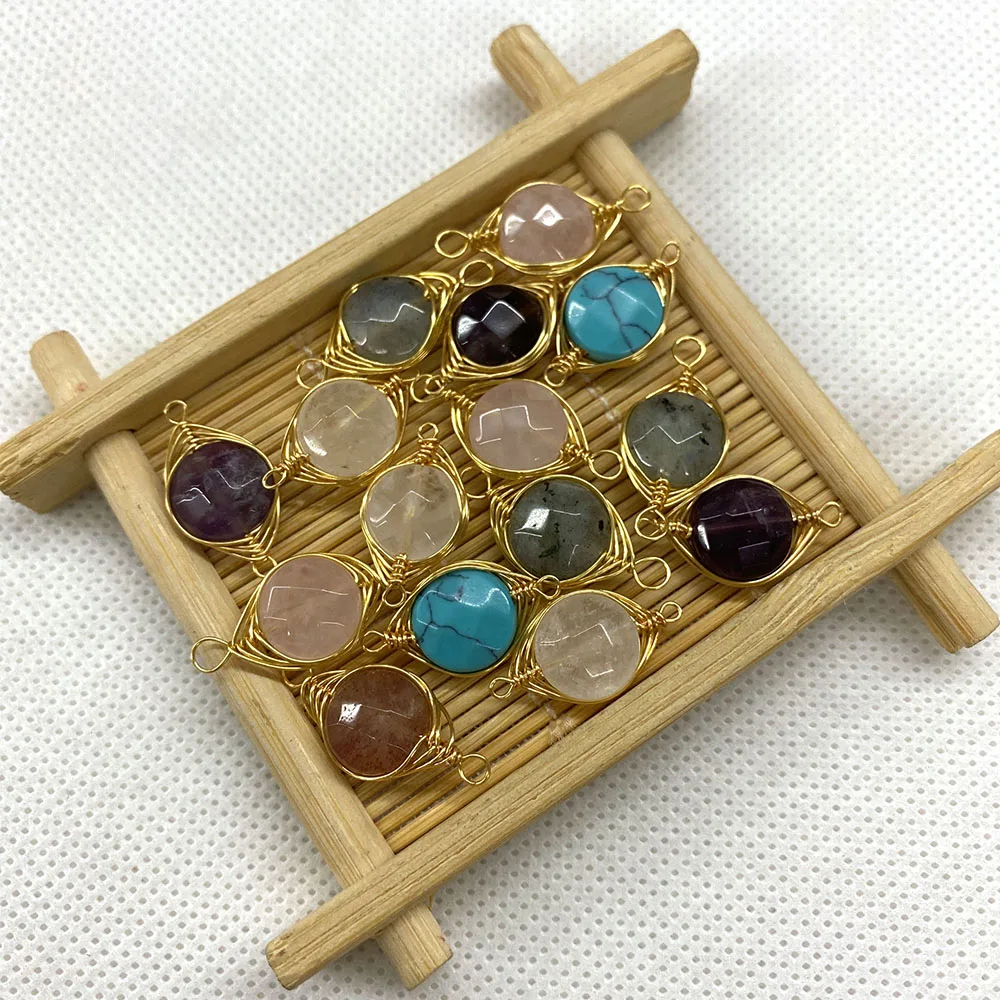 

1pc Natural Stone Hand-wound Oblong Rose Quartz Labradorite Amethyst Double Hole Connector Exquisite Luxury Pendant Accessories