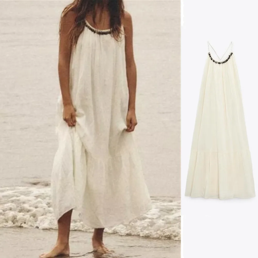 

Летнее Новое Женское пляжное платье UNIZERA 2023 В курортном стиле с отделкой монет и открытой спиной на бретелях 7521329