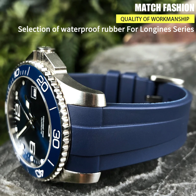 Фото Высококачественный силиконовый резиновый ремешок 21 мм, подходит для Longines L3.781.4.9 HydroConquest Conquest, черный, синий, серый, зеленый ремешок для часов №1