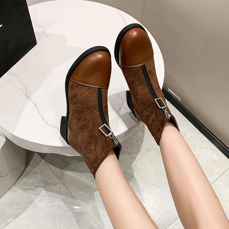 

New Fashion Winter Boots Women's Round Toe Square Heel Solid Flat Middle Calf Modern Boots Women's Pull-on Women's Short Boots