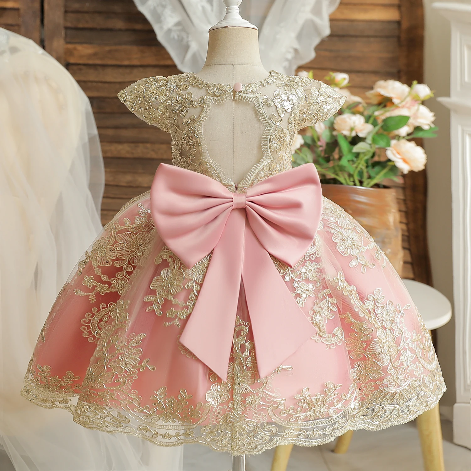 Birthday Party Dresses For 12M Baby Girl Christmas Embroidery Floral Big Bow Wedding Tutu Gown Girls Pink Formal Gala Costume