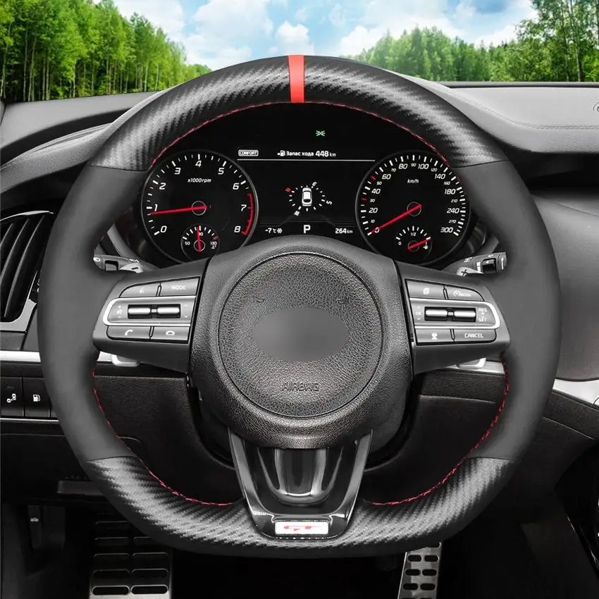 

Hand-stitched Black Carbon Fiber Suede Red Marker Car Steering Wheel Cover For Kia Stinger 2017-2020