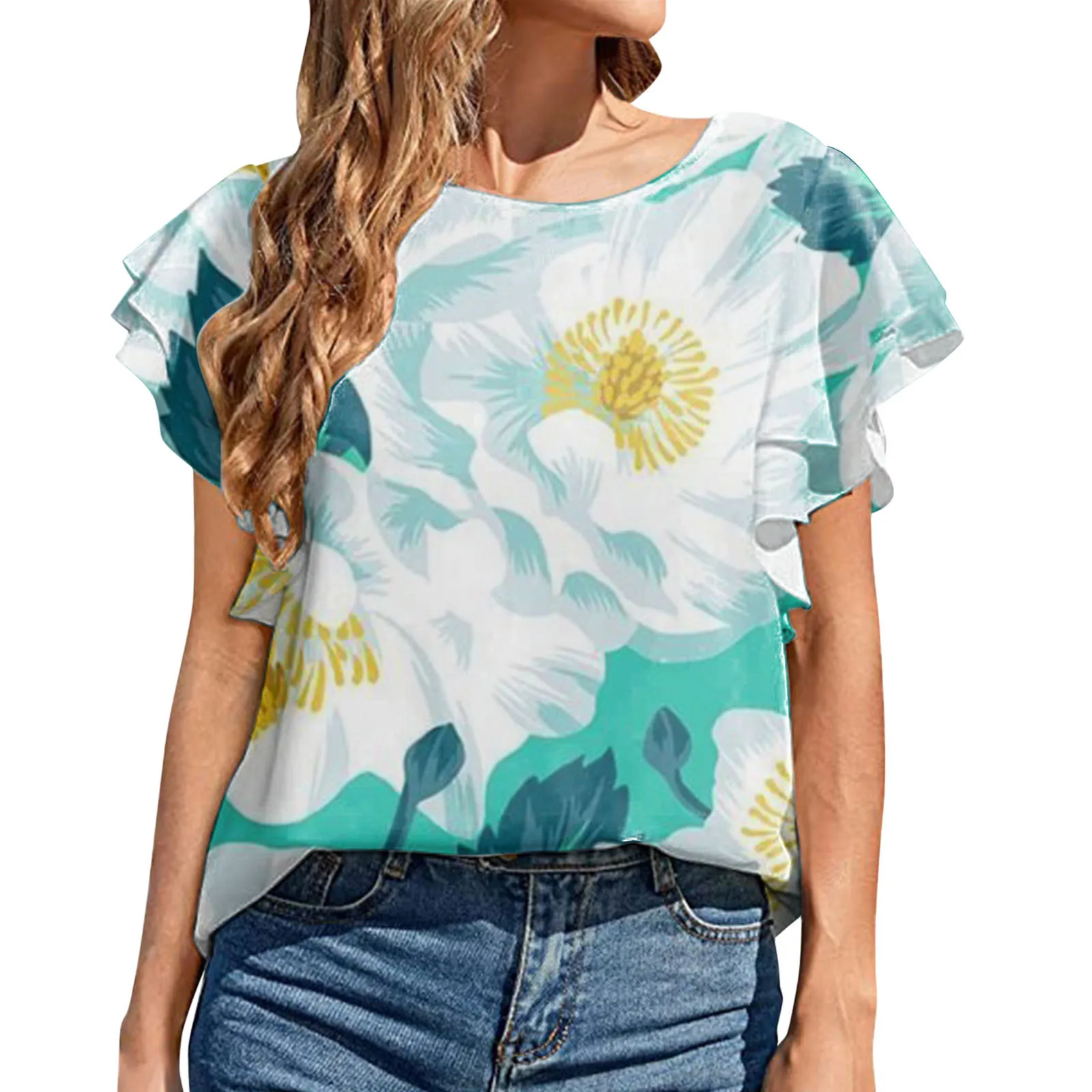 

White Tops And Blouses Flower Print Floral Short Sleeve Chiffon Shirt Summer Holiday Wear O Neck Pullover Tops Loose Boho Blusas