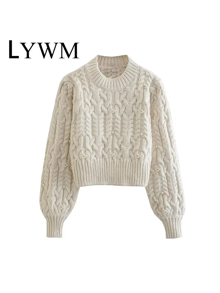 

LYWM Women Fashion Soild Knitted Pullover Sweater With Pearls Vintage O-Neck Long Sleeves Female Chic Lady Tops