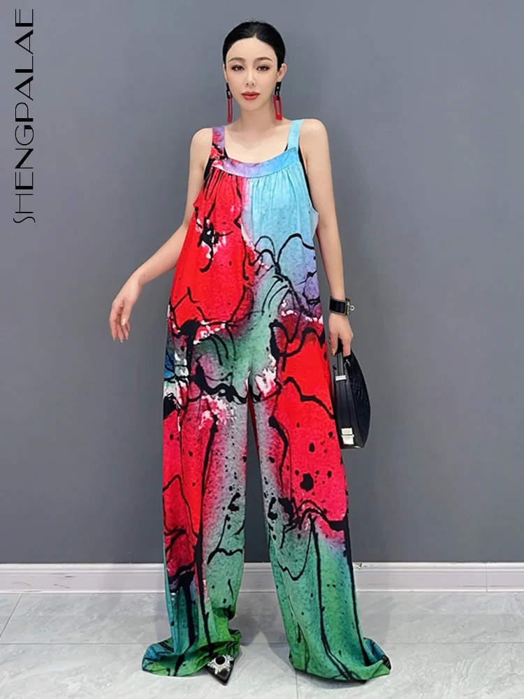 

SHENGPALAE Fashion Women Camis Jumpsuits Contrast Color Patchwork Casual Loose Floor Length Rompers Summer 2023 New Tide 5R5019