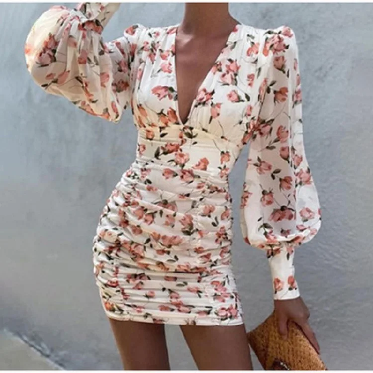 

Sexy V Neck Lantern Sleeve Dress Printed Party Club Dresses Women Korean Skirt