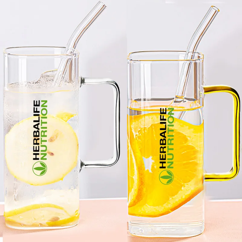 

2Glass+2 Straw Herbalife Nutrition Square Glass Cup Transparent Drinking Utensil Coffee Wine Milk Beer Cola Juice Handmade Can