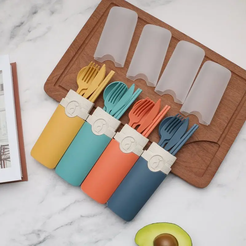 

Portable Reusable Spoon Fork Travel Picnic Chopsticks Wheat Straw Tableware Tableware Set with Portable Case Student Office